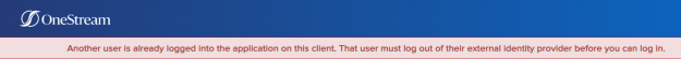 The global home page has a blue banner at the top with the OneStream logo. The error message has a pink background with red text.